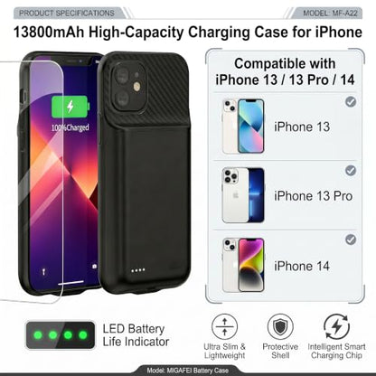 Battery Case for iPhone 13/13Pro/14, 13800 mAh Ultra-Thin Protective Charging case, Portable Rechargeable Expandable Battery Charger, Compatible with iPhone 13/13Pro/14 (6.1 inches), Black