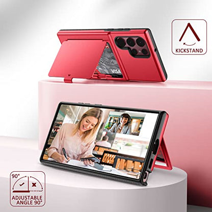 WeLoveCase Samsung Galaxy S22 Ultra Case Wallet Case with Credit Card Holder & Hidden Mirror, All-Round Protection Shockproof Phone Cover Designed for Samsung Galaxy S22 Ultra, 6.8 Inch Red - color: Red