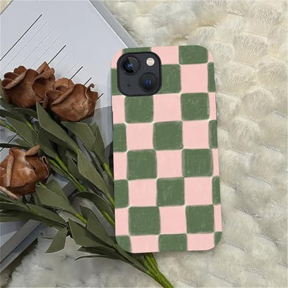 ZHEGAILIAN Case Compatible with iPhone 14 Plus,Pink and Green Checkered Design Phone Case, Matte Mixed Double-Layer Hard Shell+Soft Silicone TPU Shock Protective - color: Pink and green checkered, size: iPhone 14 Plus