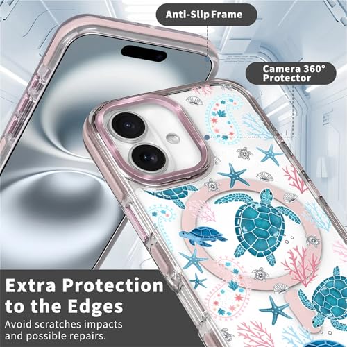 VisEnt Clear Case for iPhone 16, Magnetic Phone Case, Transparent Slim Cover, Military Grade Protection, Shockproof, Anti-Yellowing, Scratch Resistant, Sea Turtle Paisley - color: Sea Turtle Paisley, size: Iphone 16