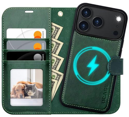 OCASE for iPhone 17 Pro Detachable Wallet Case with Card Holder, 2 in 1 PU Leather Flip Folio with RFID Blocking Stand Wrist Strap Shockproof Phone Cover 6.3 Inch 2025, Blackish Green - color: Blackish Green, size: iPhone 17 Pro