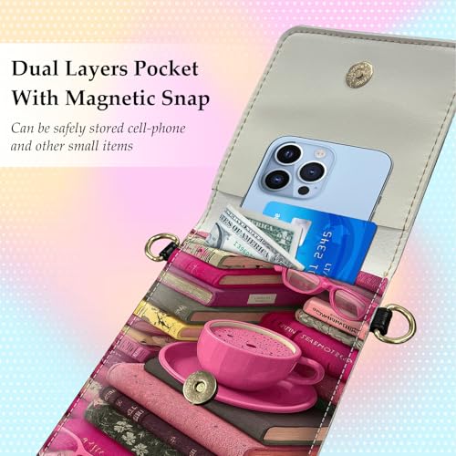 Small Crossbody Bags for Women Touchscreen Cell Phone Bag Cross Body Purses with adjustable Strap,Gifts For Teenage Girls - color: Pink Books & Coffee