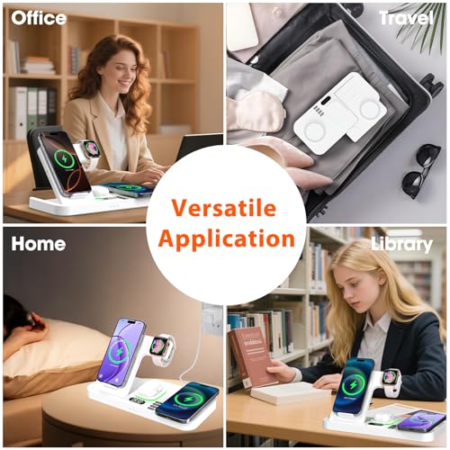 Dual Phone Magnetic Wireless Charging Station for Apple Devices/Apple Ecosystem,with Auto-Switch 7-Color Light & Clock, Compatible with iPhone 17/16/15, for iWatch 11/10/9 & AirPods Pro3（Cream
