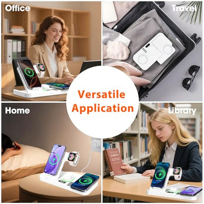 Dual Phone Magnetic Wireless Charging Station for Apple Devices/Apple Ecosystem,with Auto-Switch 7-Color Light & Clock, Compatible with iPhone 17/16/15, for iWatch 11/10/9 & AirPods Pro3（Cream