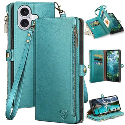 XcaseBar compatible with iPhone 16 Plus 6.7" Wallet case with Zipper Credit Card Holder【RFID Blocking】,Flip Folio Book PU Leather Phone case Shockproof Cover Women Men for Apple 16Plus case Blue Green - color: Blue Green