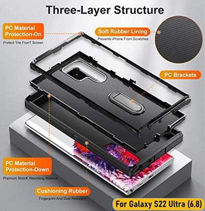 Case is Specially Designed for Galaxy S22 Ultra 6.8 Inch, Full Body Protection Heavy Duty Shock Absorbing 3 in 1 Silicone Rubber Built-in Stand with 1 Tempered Screen Protectors-Black - color: Black