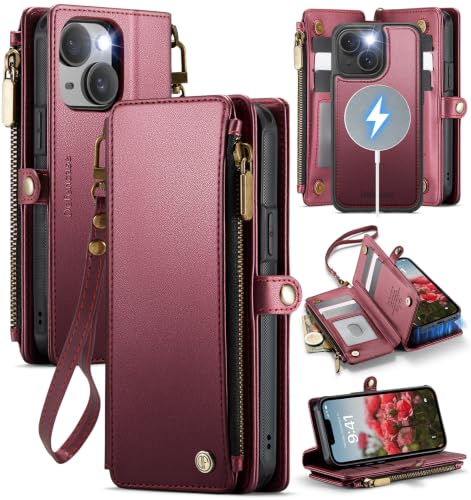 Defencase for iPhone 15 Phone Case Wallet Compatible with Magsafe, Wine Red - color: (Detachable with Magsafe)-Wine Red