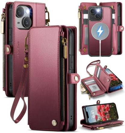 Defencase for iPhone 15 Phone Case Wallet Compatible with Magsafe, Wine Red - color: (Detachable with Magsafe)-Wine Red