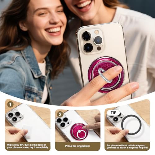 Rose Sparkly Magnetic Ring Grip for MagSafe, Bling Phone Stand - color: Rose Pink