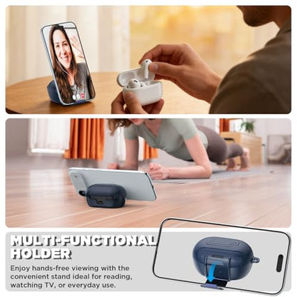 for Bose New QuietComfort Earbuds Case (2024), TPU Protective Cover with Phone Holder Stand & Double Safety Lock, Supports Wireless Charging, Includes Carabiner and Cleaning Pen (Navy Blue) - color: Navy Blue