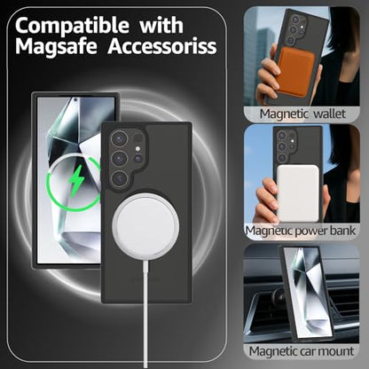 for Samsung Galaxy S24 Ultra Case Magnetic, [Compatible with Magsafe] 6.8 Inches Slim Fit Heavy Duty Protection Wireless Charging TPU and PC Shockproof Anti-Slip Protective Phone Cover, Black - color: Black Magnetic