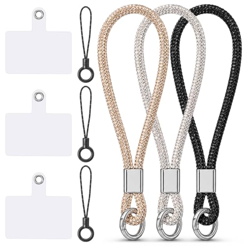 3 Pcs Rhinestone Cell Phone Wrist Strap, Bling Diamond Phone Wrist Lanyard with Tether Tab and Pad Glitter Keychain Wristlet for Women (Black Silver Champagne)