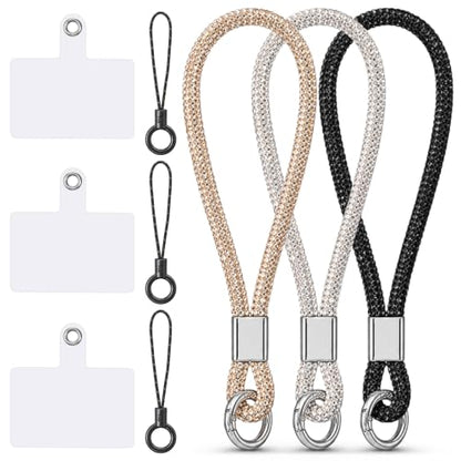 3 Pcs Rhinestone Cell Phone Wrist Strap, Bling Diamond Phone Wrist Lanyard with Tether Tab and Pad Glitter Keychain Wristlet for Women (Black Silver Champagne)