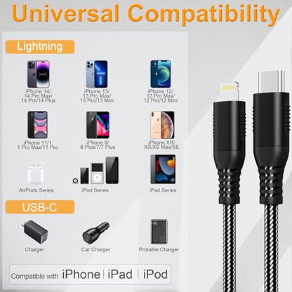 23FT Extra Long iPhone Charger Cable, [Apple MFi Certified] Nylon Braided USB C to Lightning Cable, 2.4A Fast Charging Cord, 480Mbps Data Sync for iPhone 14 13 12 11 Pro Max, iPad Pro Air Mini