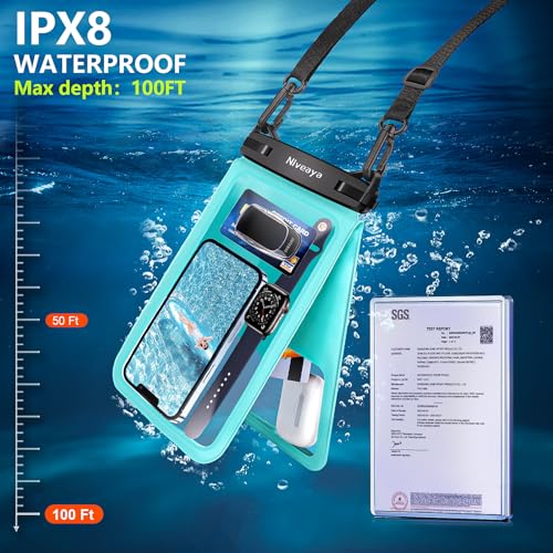 Niveaya [Up to 10.5"]Waterproof Phone Pouch - 2 Pack, Waterproof Phone Lanyard Case with iPhone 17/16/15/14/13 Pro Max up to 9.5", Phone Dry Bags for Vacation Beach Pool Kayak Cruise Travel Essentials - color: Black+ Teal, size: Large 10.5"