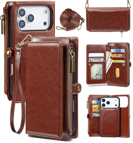 for iPhone 17 Pro Wallet Case, [Compatible with Magsafe] [Magnetic Detachable] [RFID Blocking] PU Leather Case with Card Holder & Crossbody Strap for Women Men, Brown - color: Brown