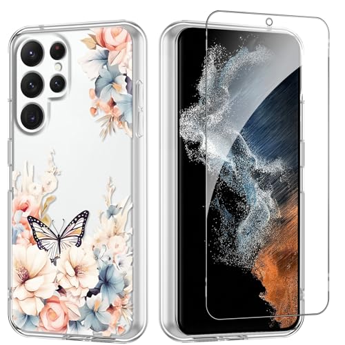 Flower Phone Case Floral for Samsung Galaxy S22 Ultra 5G 6.8'' with Screen Protector, Clear Transparent Phone Cover Slim Soft Shockproof Anti-Scratch Drop Protection Funda for Girls Women - color: Yellow Peony, size: Samsung Galaxy S22 Ultra 5G