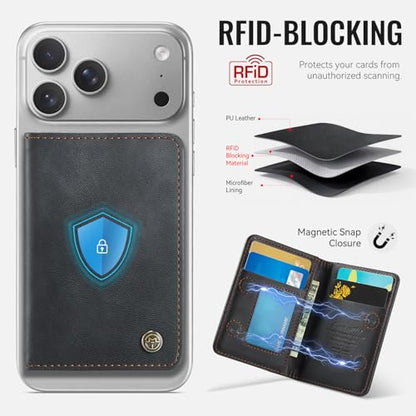Magnetic Wallet Card Holder with RFID Protection, PU Leather Slim Wallet, Strong Magnet Attachment for iPhone 18/17/16/15/14/13/12 Series Pro Max Plus Mini-Black - color: Black