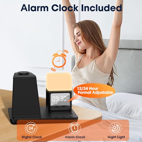 Wireless Charger for Samsung/Android, 6 in 1 Phone Nightstand Charging Station Charger with Alarm Clock/Night Light for Samsung S26/S25/S24 Ultra/Buds4,Watch Charger for Galaxy Watch 8/7/6/5 - color: Ink Black