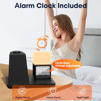 Wireless Charger for Samsung/Android, 6 in 1 Phone Nightstand Charging Station Charger with Alarm Clock/Night Light for Samsung S26/S25/S24 Ultra/Buds4,Watch Charger for Galaxy Watch 8/7/6/5 - color: Ink Black