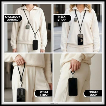 4-in-1 Phone Lanyard, Crossbody, Neck, Wrist & Finger Strap - color: Black