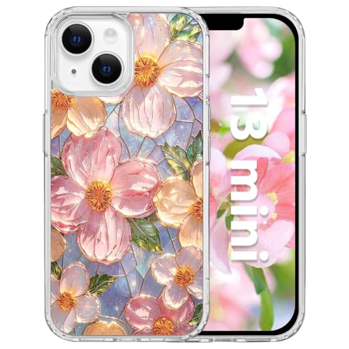 for iPhone 13 Mini 5.4" Magnetic Case【Compatible with MagSafe】 Aesthetic Oil Painting Stained Glass Flower Design, Slim Fit Hard PC Back Shockproof Cute Clear Phone Cover, Pink - color: Pink, size: iPhone 13 Mini