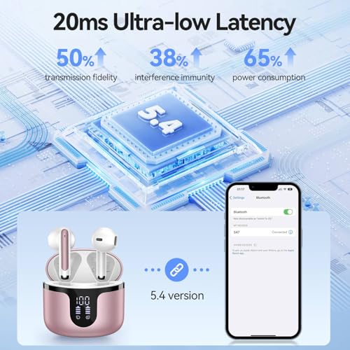 Wireless Earbuds, Bluetooth 5.4 Headphones HiFi Stereo with 4 HD Mic, 50H Playtime Bluetooth Earbuds with Dual LED Display, IPX7 Waterproof Wireless Earphones, Touch Control Ear Buds,USB-C, Rosa Gold