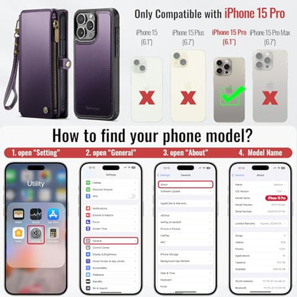 Defencase for iPhone 15 Pro Case Wallet Compatible with Magsafe, Purple | Drop-Proof Magnetic Detachable Phone Cases Cover, with RFID Bolcking Card Holder, Zipper Strap, PU Leather, Removable Wallet - color: (Detachable with Magsafe)-Purple