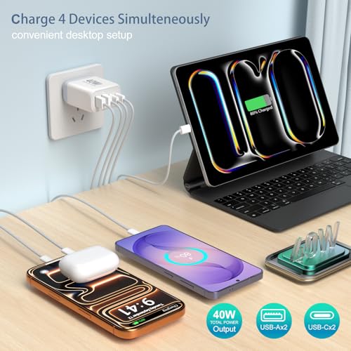 40W USB C Wall Charger with 6ft USB-C Cables, Besgoods 25W Fast Charging Kit, 4-Port USB A&USB C Travel Adapter for iPhone 17 16 15 Galaxy S26 S25 iPad Tablets - color: White