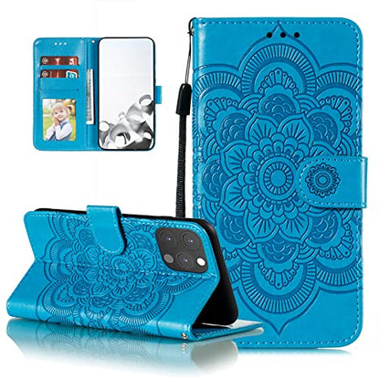 EYZUTAK Case for iPhone 13 Pro, Premium PU Leather Magnetic Flip Wallet Case with Card Holder Cash Slot Lanyard Strap Kickstand Function Embossed Mandala Flower Pattern Shockproof Cover - Blue - color: Blue, size: iPhone 13 Pro