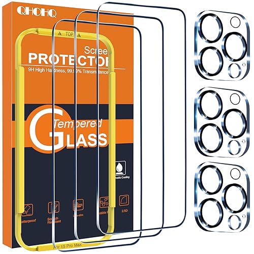 QHOHQ 3 Pack Screen Protector for iPhone 15 Pro Max [6.7 Inch] with 3 Pack Camera Lens Protector, Tempered Glass Film, HD Clear, 9H Hardness, No Bubbles, Case Friendly - size: iPhone 15 Pro Max 6.7 Inch
