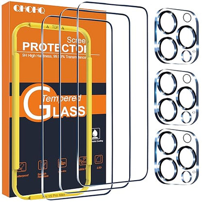QHOHQ 3 Pack Screen Protector for iPhone 15 Pro Max [6.7 Inch] with 3 Pack Camera Lens Protector, Tempered Glass Film, HD Clear, 9H Hardness, No Bubbles, Case Friendly - size: iPhone 15 Pro Max 6.7 Inch