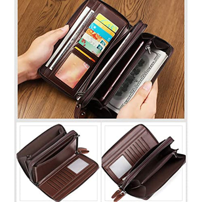 Large Wallet Clutch Long Leather Phone Purse Business Hand Clutch Bag Card Holder Travel Wallet for Men Women Father Husband - color: Double-Brown