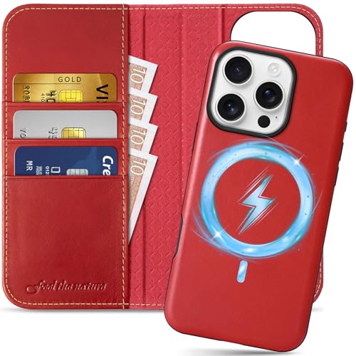 SHIELDON 2 in 1 Genuine Leather Case Wallet for iPhone 16 Pro, Retro Red | Wireless Charging, Detachable, RFID Blocking, Credit Card Slot, Flip Magnetic Design, Kickstand, Shockproof Phone Cover - color: Retro Red, size: for iPhone 16 Pro
