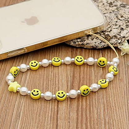 LUSTEMBER Cute Beaded Phone Charm, Smiley Face Wrist Strap, Colorful Handmade Polymer Clay and Pearl Chain - color: Yellow