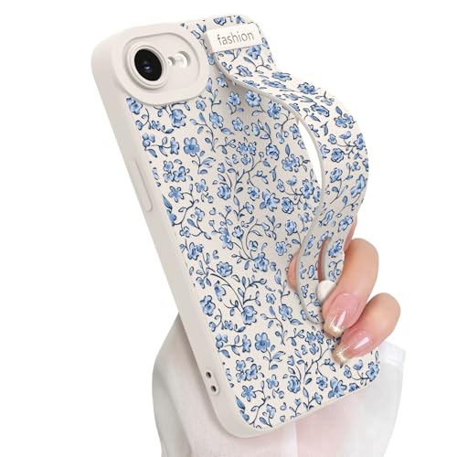 Floral Case for iPhone 17e & iPhone 16e with Finger Hand Wrist Strap | Cute Flowers Design Phone Case with Adjustable Wristband Kickstand, Soft TPU Protective Cover for Women Girls, White - color: White(Floral), size: Designed for iPhone 17e/16e