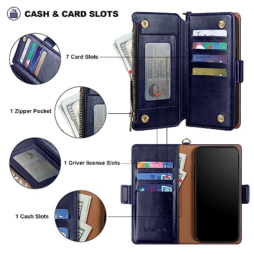 Antsturdy for iPhone 13 Pro Max Phone Wallet Case Women,Dark Blue | RFID Blocking,with Credit Card Holder Slots,PU Leather Purse,Zipper Pocket,Wrist Strap Kickstand,Flip Folio Cover for Men - color: A-Dark Blue