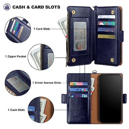 Antsturdy for iPhone 13 Pro Max Phone Wallet Case Women,Dark Blue | RFID Blocking,with Credit Card Holder Slots,PU Leather Purse,Zipper Pocket,Wrist Strap Kickstand,Flip Folio Cover for Men - color: A-Dark Blue