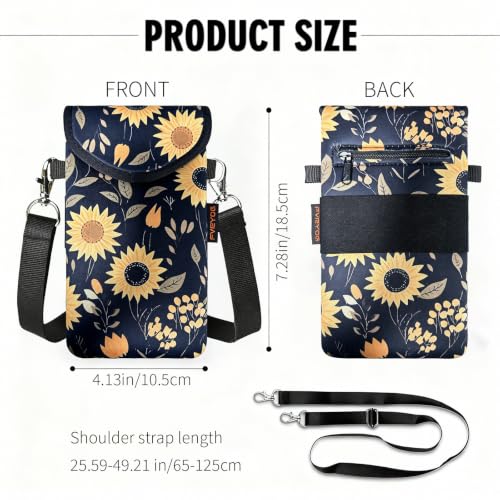 Neoprene Phone Sleeve Pouch Case Bag for Men Women w/Crossbody Strap/Neck Lanyard for iPhone 17/16/15/14 Pro Max, Samsung S25，Pixel 10 - color: Midnight Sunflower