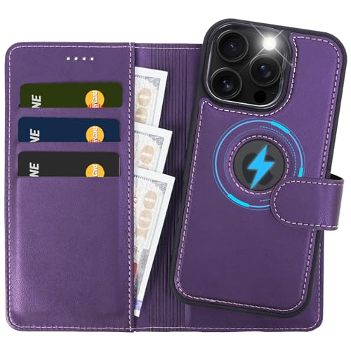 2 in 1 PU for iPhone 16 Pro Leather Case, Detachable Wallet Case with Card Holder, Removable Flip Folio Cover with RFID Blocking, Stand Shockproof Phone Cover (Compatible with MagSafe) Purple - color: Purple, size: Iphone 16 pro