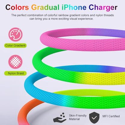 6.6ft Rainbow Gradual Braided Lightning Cable, USB A to Lightning Charging Cable for iPhone 14/13/12/11/XS/XR/X/8/7/6/5/SE/iPad/Air/Mini/iPod - size: 6.6FT