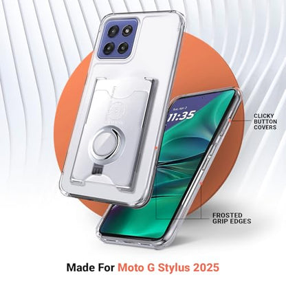 Shields Up for Moto G Stylus 5G 2025 Case with Card Holder, Clear | Minimalist Wallet Case, 3 Card Slots, 360° Rotation Ring Stand/Kickstand, Drop Protection Protective Cover - size: Moto G Stylus 5G 2025