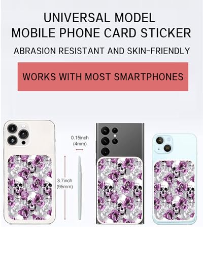 Dual Pocket Leather Phone Wallet Adhesive Stick On, Cute & Cool Skull Flower Card Holder - color: Cool Skull Flower
