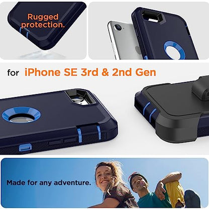 AICase for iPhone SE Case 3rd & 2nd Generation with Belt-Clip Holster, for iPhone SE 2022/2020 Case Built-in Screen Protector Heavy Duty Protective Full Body Rugged Phone Cover, Admiral Blue - color: Admiral Blue/Royal Blue+ Clip