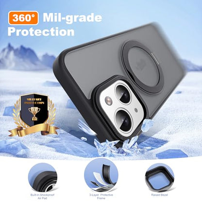 for iPhone 13/14 Case with 360° Spin Magnetic Stand,Black | iPhone 13/14 Phone Case 6.1",Spin Magnetic Ring Stand,Compatible with MagSafe,Military Protection,Translucent Matte - color: Black, size: iPhone 13 & iPhone 14
