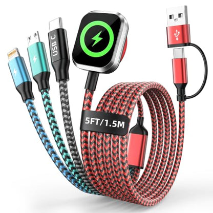 Travel Essentials 4in2 Multi Charging Cable for iPhone Watch Charger, 5FT - color: Red&Black&Turquoise Green&Sky Blue, size: AC to 2C+L+iWatch