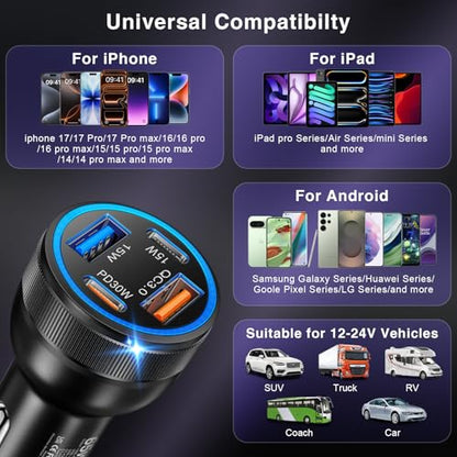USB C Car Charger, 3Pack 65W 4-Port Dual USBC & USB-A Car Charger Adapter