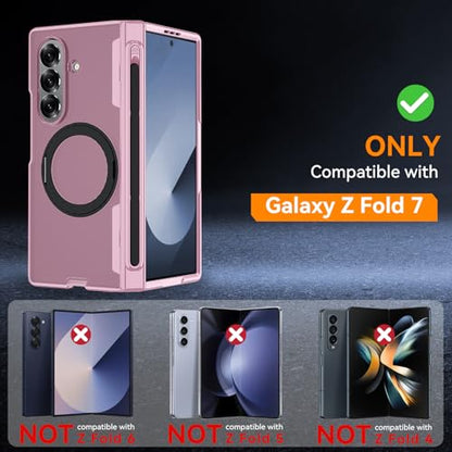 Upgraded 360° Spin Magnetic Invisible Ring Stand for Samsung Galaxy Z Fold 7 Case,[Compatible with MagSafe][S Pen Holder][Hinge Protection][Screen Protector],Shockproof Full Body Phone Cover - color: Pink -1