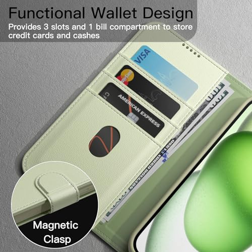 JETech Wallet Case for iPhone 15, Green | Shockproof PU Leather, Card Holder, Magnetic Flip Cover, Stand Feature, Full Camera Protection - color: Green