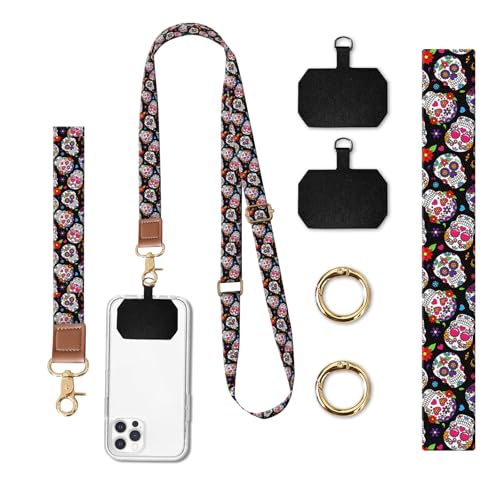 Phone Lanyard Crossbody Wrist Strap, Universal Adjustable Neck Strap for Phone Case Keys ID Badges - color: Cute Flower Skulls